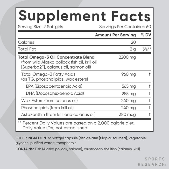 Sports Research Aceite de Pescado Omega‑3 Total, 960 mg EPA+DHA, 120 Cápsulas Blandas