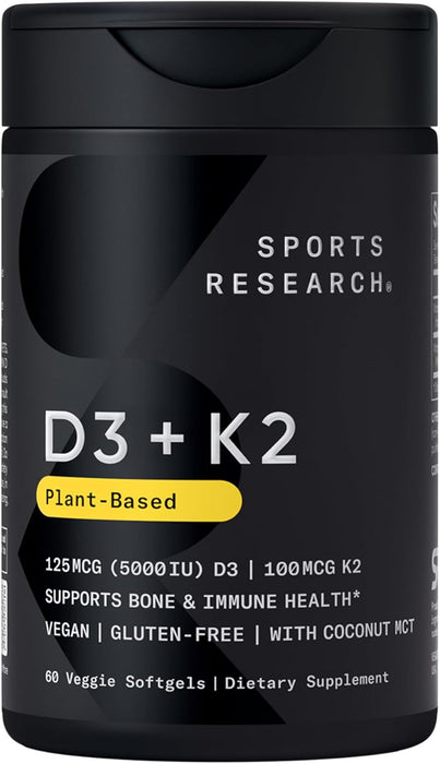 Sports Research Vitamina D3 5000 IU + K2 Mk7 100 mcg, 60 Cápsulas Blandas