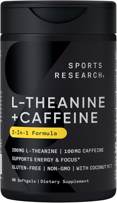 Sports Research L‑Teanina + Cafeína + MCT de Coco Orgánico, 60 Cápsulas Blandas