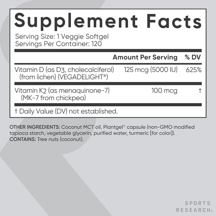 Sports Research Vitamina D3 5000 IU + K2 Mk7 100 mcg, 120 Cápsulas Blandas