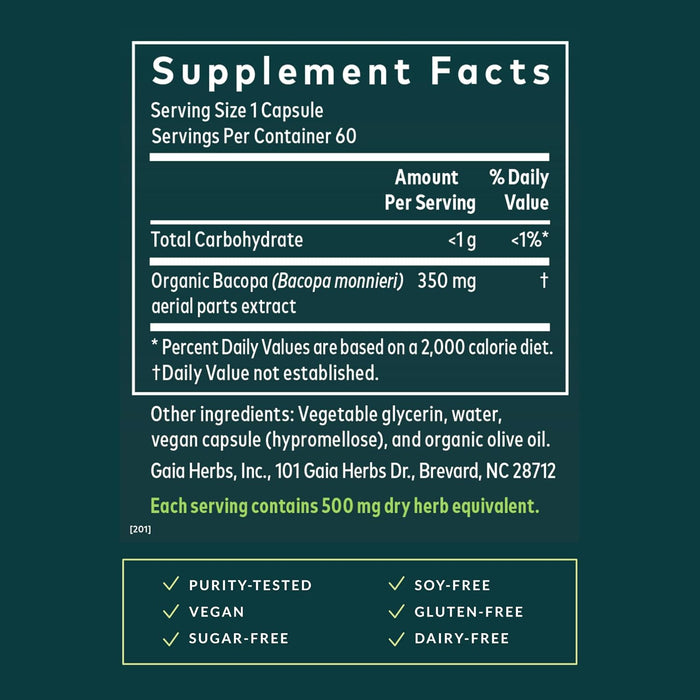 Gaia Herbs Suplemento Bacopa, 60 Cápsulas Veganas, Suplemento Herbal para Apoyo Cognitivo