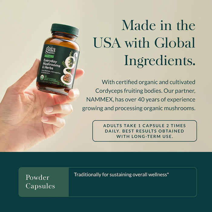 Gaia Herbs Suplemento Mushrooms + Herbs Everyday Immune, 60 Cápsulas Veganas, Reishi, Cordyceps, Cúrcuma y Astrágalo