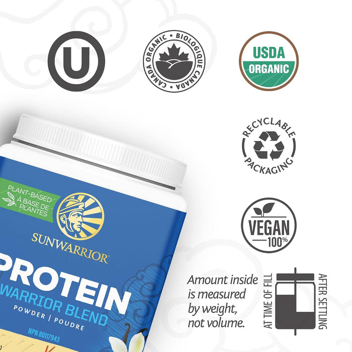 Sunwarrior Warrior Blend Proteína Orgánica en Polvo, Vainilla, 375 g, 15 Porciones, Vegana, Sin OMG