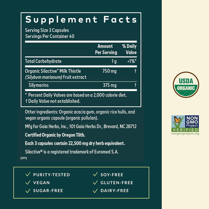 Gaia Herbs Suplemento Cardo Mariano, 120 Cápsulas Veganas, Apoyo Hepático y Limpieza Natural