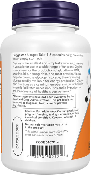 Now Suplemento de Glicina 1000 mg, 100 Cápsulas