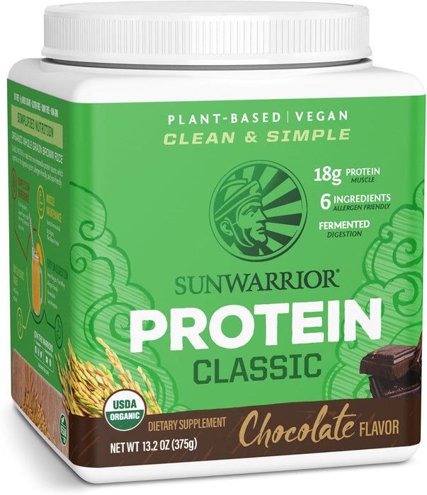 Sunwarrior Classic Proteína de Arroz Integral en Polvo, Chocolate, 375 g, Vegana, Sin OMG