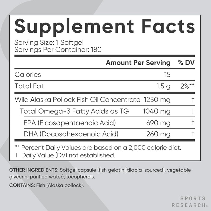 Sports Research Omega‑3 Fish Oil 1250 mg Triple Strength, 180 Cápsulas Blandas