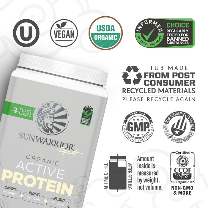 Sunwarrior Sport Proteína Activa Orgánica en Polvo, Vainilla, 35.2 oz (1 kg), Vegana, Sin OMG