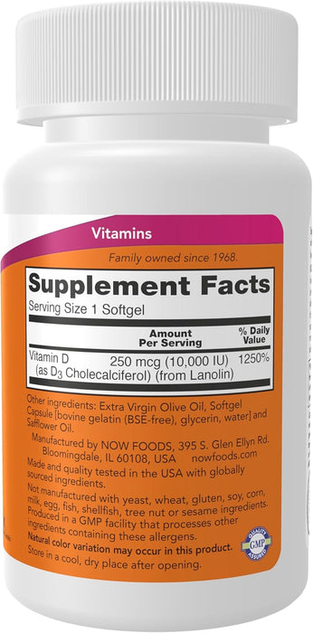 Now Vitamina D-3 10,000 IU, 120 cápsulas para 4 meses
