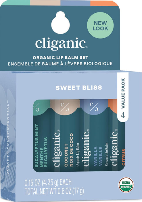 Cliganic Set de Bálsamos Labiales Orgánicos Sweet Bliss, 4 Unidades, Hidratante Natural