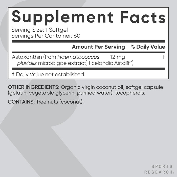 Sports Research Suplemento Astaxantina Triple Fuerza 12 mg con Aceite de Coco Orgánico, 60 Cápsulas Blandas