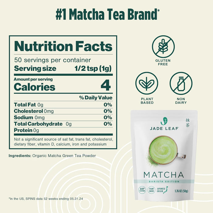 Jade Leaf Té Verde Matcha Orgánico en Polvo Edición Barista, 50 g Origen Japonés Sabor Natural