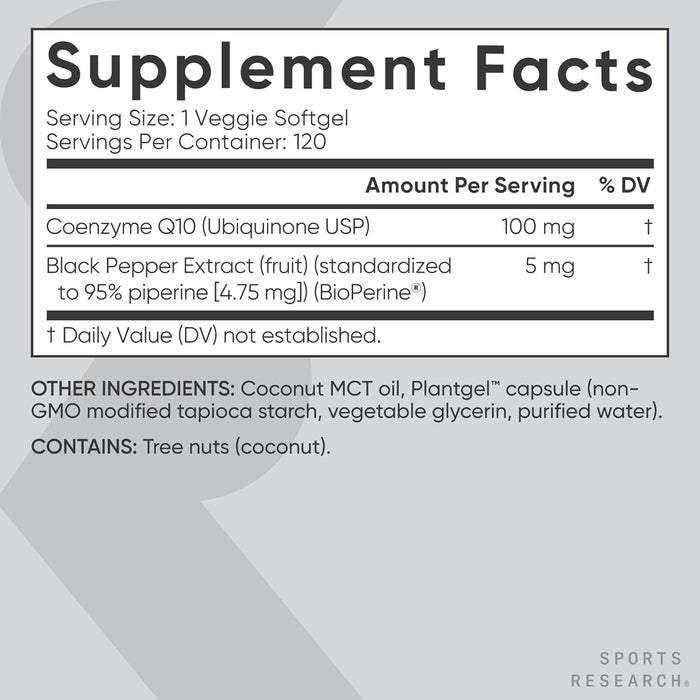 Sports Research Suplemento CoQ10 100 mg, con Aceite de Coco y BioPerine®, 120 Cápsulas Blandas Vegetales