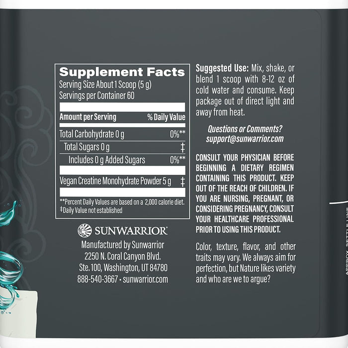 Sunwarrior Active Creatina Monohidratada en Polvo, Sin Sabor, 300 g, Vegana, Sin OMG