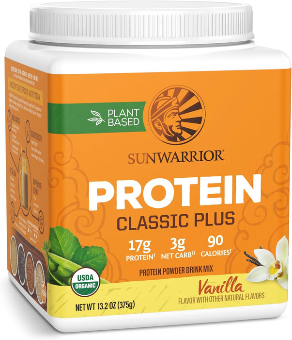 Sunwarrior Classic Plus Proteína Orgánica en Polvo, Vainilla, 375 g, 15 Porciones, Vegana, Sin OMG