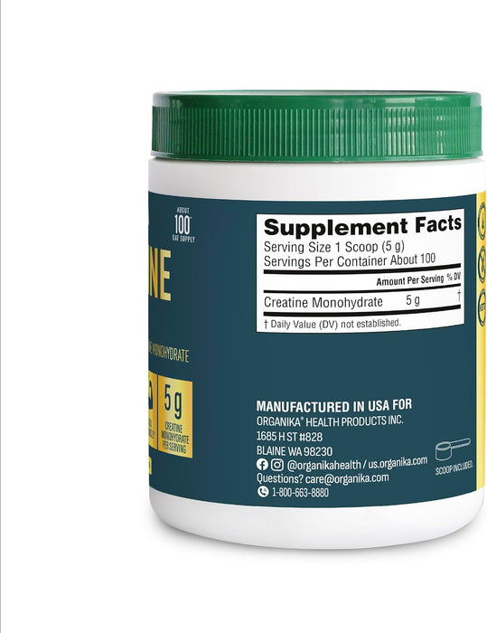 Organika Creatina Monohidratada Micronizada en Polvo, 500 g (100 porciones)