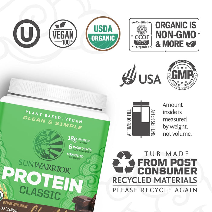 Sunwarrior Classic Proteína de Arroz Integral en Polvo, Chocolate, 375 g, Vegana, Sin OMG