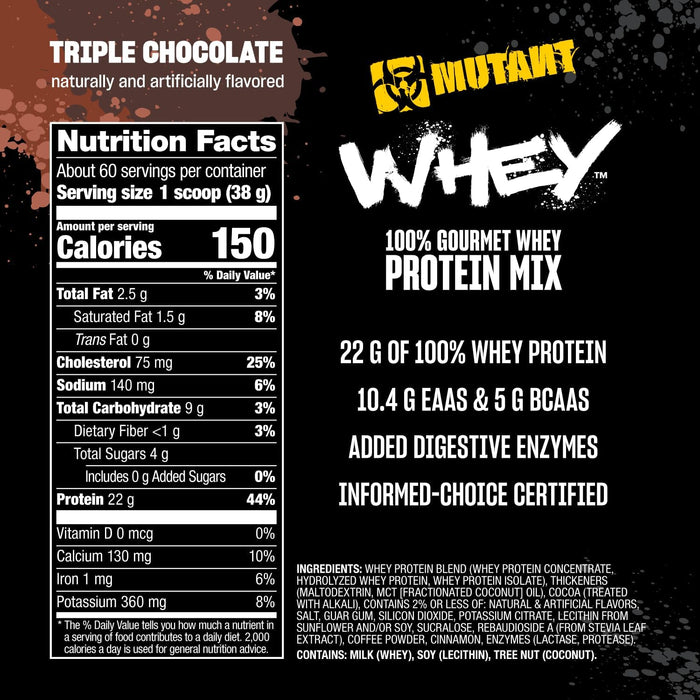 Mutant Whey Protein Powder, Triple Chocolate, 5 lb (2.27 kg), 3 Fuentes de Proteína de Suero, Enzimas Digestivas, Aminoácidos, Non‑GMO, Certificado GMP