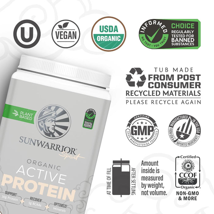 Sunwarrior Sport Proteína Activa Orgánica en Polvo, Chocolate, 1 kg (2.2 lb), Vegana, Sin OMG