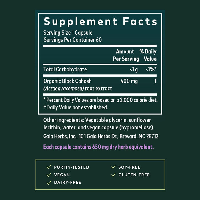 Gaia Herbs Suplemento Black Cohosh, 60 Cápsulas Veganas, Apoyo a la Menopausia y Función Reproductiva Femenina