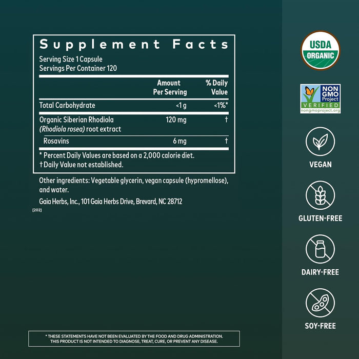 Gaia Herbs Suplemento Rhodiola Rosea, 120 Cápsulas Veganas, Energía y Resistencia al Estrés