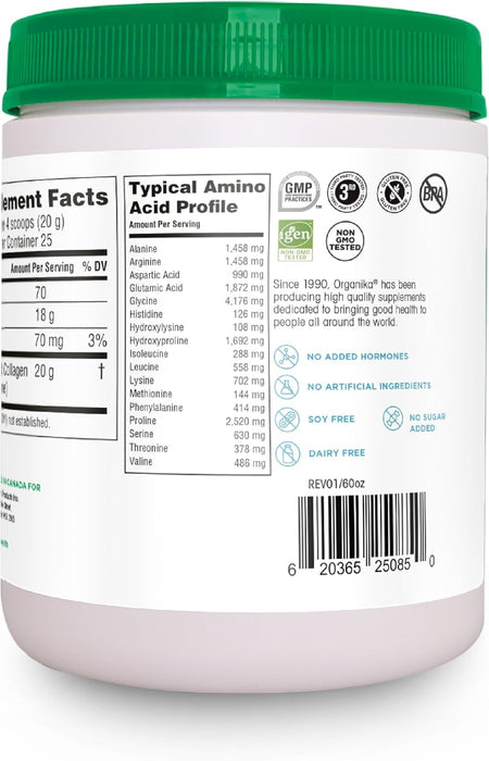 Organika Enhanced Collagen, 500 g, Péptidos Hidrolizados, Sin Sabor