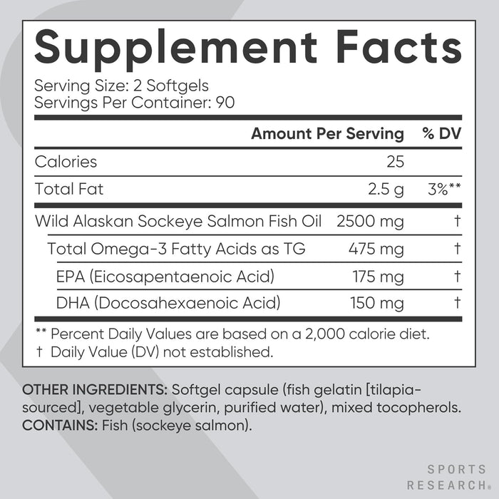 Sports Research Aceite de Salmón Sockeye Salvaje de Alaska, 2500 mg EPA+DHA, 180 Cápsulas Blandas
