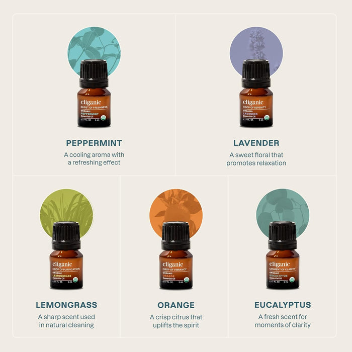 Cliganic Juego de Aceites Esenciales Orgánicos Top 5, 100% Puros y Naturales, Aromaterapia y Velas