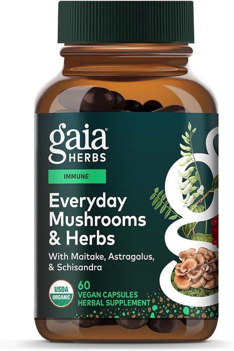 Gaia Herbs Suplemento Mushrooms + Herbs Everyday Immune, 60 Cápsulas Veganas, Reishi, Cordyceps, Cúrcuma y Astrágalo