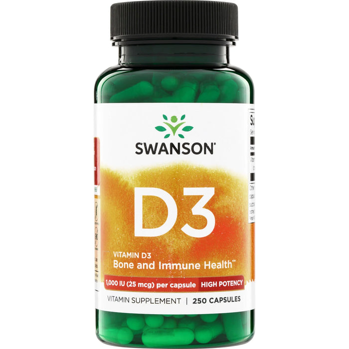 Swanson Vitamina D3 High Potency, Colecalciferol 25 mcg (1,000 IU), 60 Cápsulas, Sin Sabor