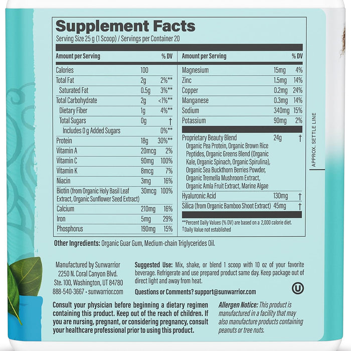 Sunwarrior Péptidos de Proteína Constructora de Colágeno, Sin Sabor, 500 g, Vegana, Sin OMG