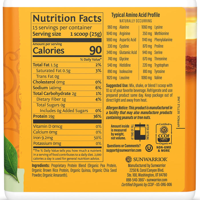 Sunwarrior Classic Plus Proteína Orgánica en Polvo, Natural Sin Sabor, 375 g, Vegana, Sin OMG
