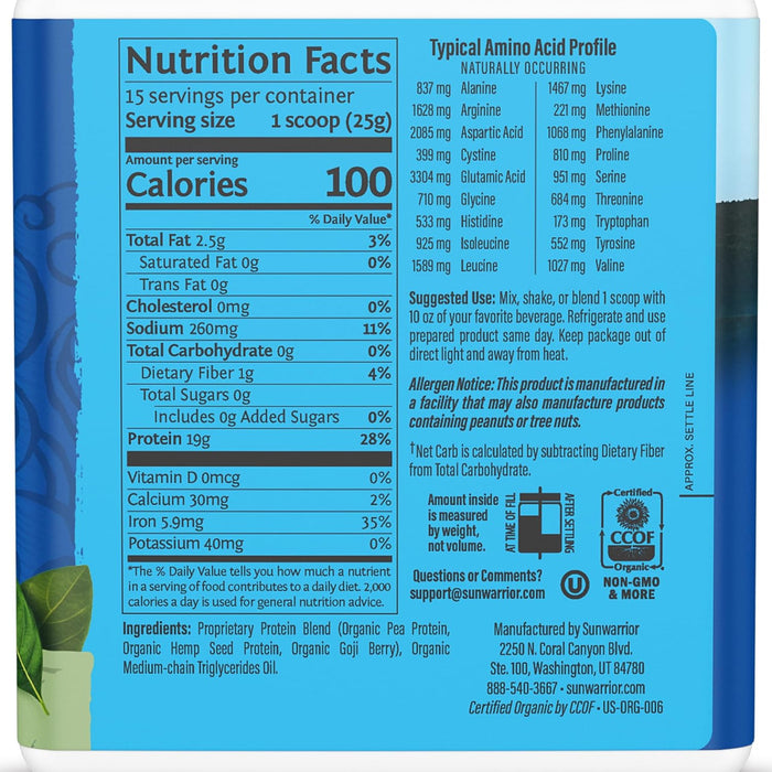 Sunwarrior Warrior Blend Proteína Orgánica en Polvo, Natural Sin Sabor, 375 g, Vegana, Sin OMG