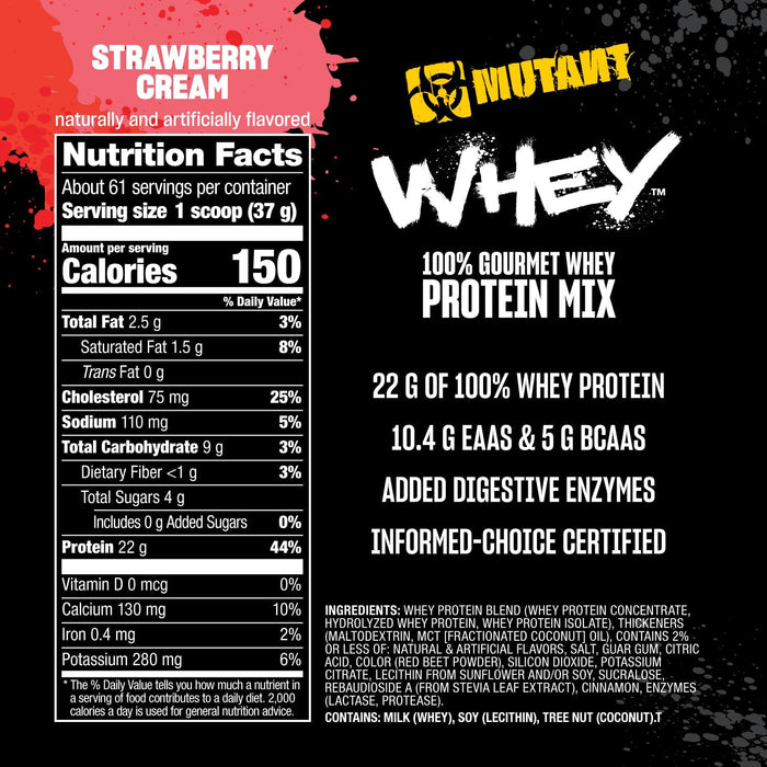 Mutant Whey Protein Powder, Strawberry Cream, 5 lb (2.27 kg), 100% Suero, EAAs, Enzimas Digestivas, Non‑GMO, Certificado GMP