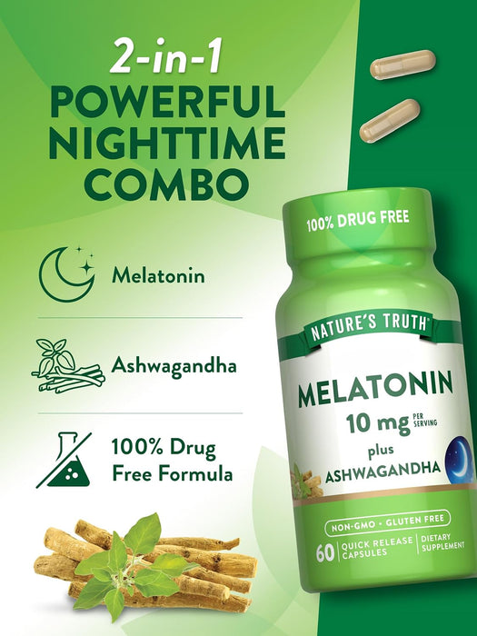 Nature's Truth Melatonina 10 mg y Ashwagandha, 60 cápsulas