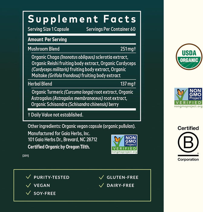Gaia Herbs Suplemento Mushrooms + Herbs Everyday Immune, 60 Cápsulas Veganas, Reishi, Cordyceps, Cúrcuma y Astrágalo