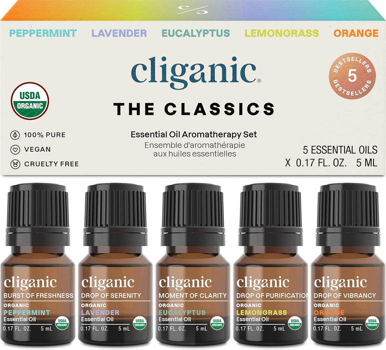 Cliganic Juego de Aceites Esenciales Orgánicos Top 5, 100% Puros y Naturales, Aromaterapia y Velas