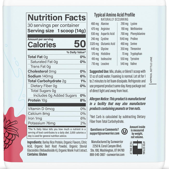 Sunwarrior Proteína Transparente Vegana en Polvo, Sabor Frambuesa, 420 g, 30 Porciones, Sin OMG