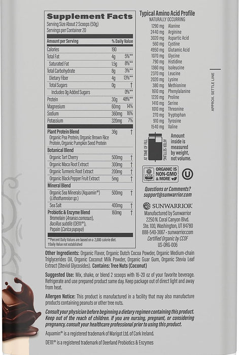 Sunwarrior Sport Proteína Activa Orgánica en Polvo, Chocolate, 1 kg (2.2 lb), Vegana, Sin OMG