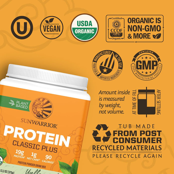 Sunwarrior Classic Plus Proteína Orgánica en Polvo, Natural Sin Sabor, 375 g, Vegana, Sin OMG