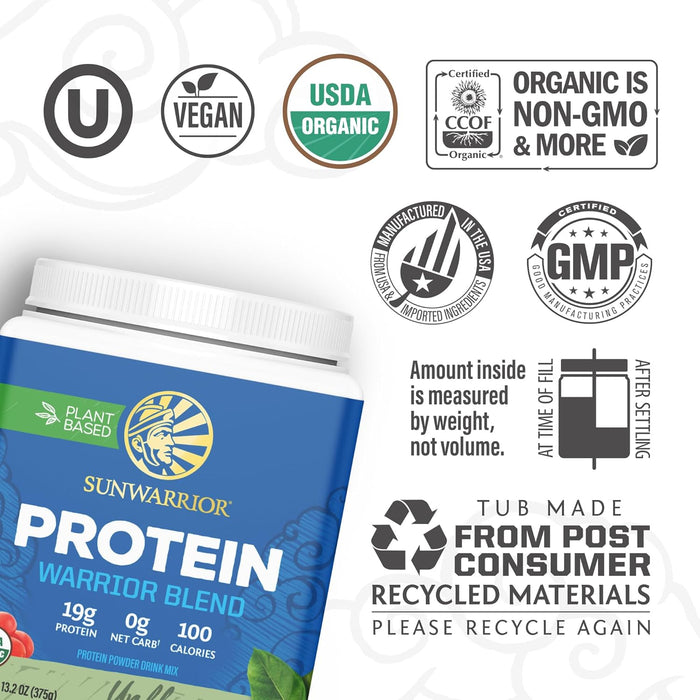 Sunwarrior Warrior Blend Proteína Orgánica en Polvo, Natural Sin Sabor, 375 g, Vegana, Sin OMG