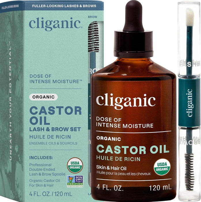 Cliganic Aceite de Ricino Orgánico, 120 ml, Incluye Kit para Pestañas