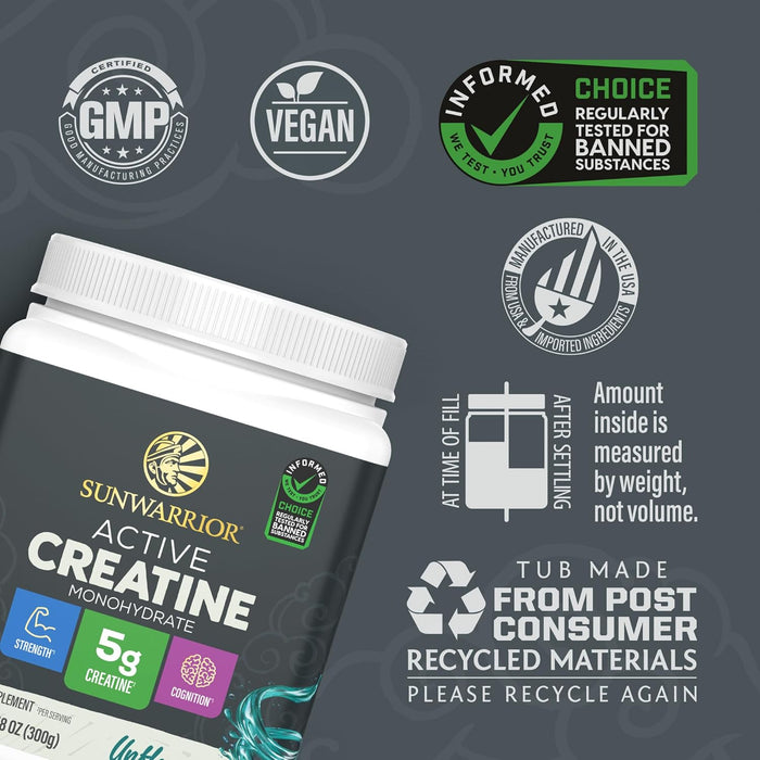 Sunwarrior Active Creatina Monohidratada en Polvo, Sin Sabor, 300 g, Vegana, Sin OMG