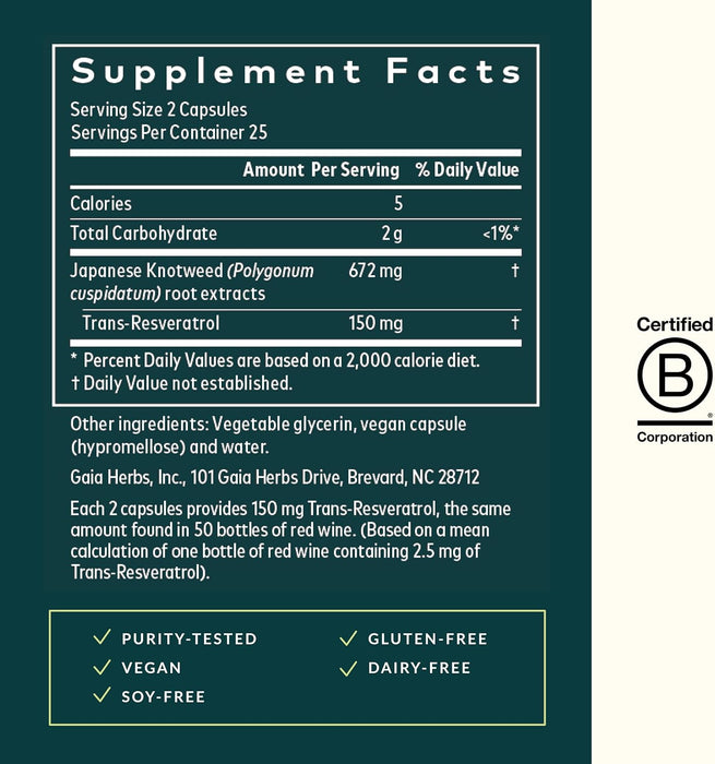 Gaia Herbs Suplemento Resveratrol 150, 50 Cápsulas Veganas, Antioxidante para Salud Celular y Envejecimiento Saludable