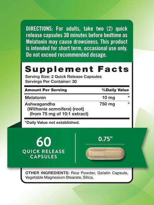 Nature's Truth Melatonina 10 mg y Ashwagandha, 60 cápsulas