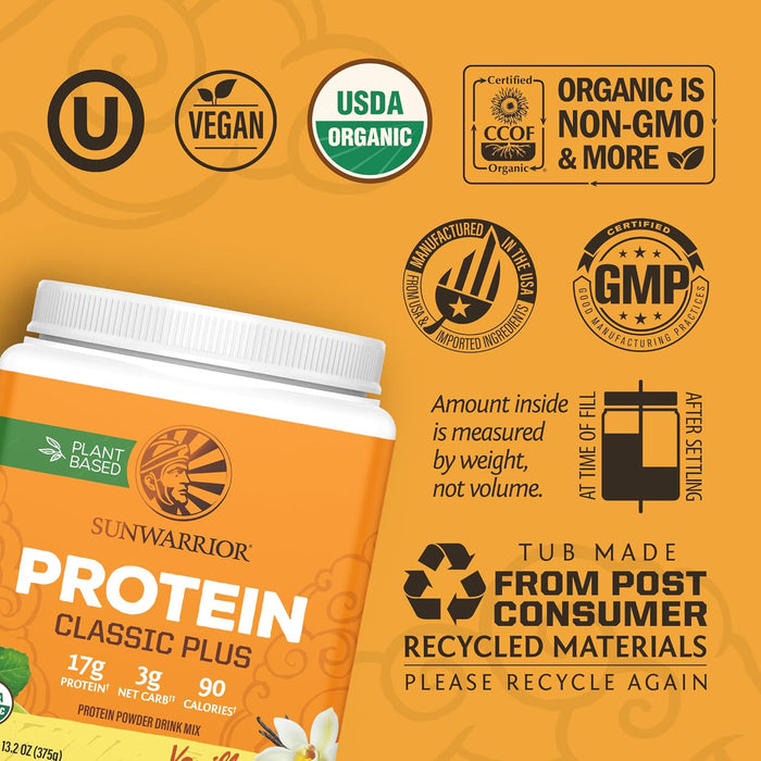 Sunwarrior Classic Plus Proteína Orgánica en Polvo, Vainilla, 375 g, 15 Porciones, Vegana, Sin OMG