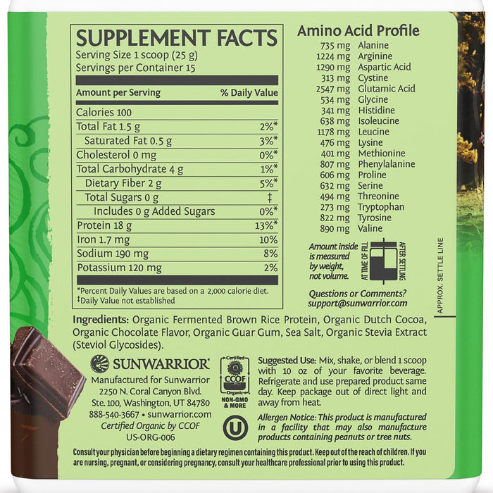 Sunwarrior Classic Proteína de Arroz Integral en Polvo, Chocolate, 375 g, Vegana, Sin OMG