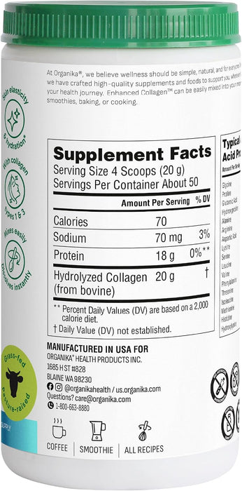 Organika Péptidos de Colágeno Hidrolizado en Polvo, 2.2 lb, 100% Puro, Sin Sabor