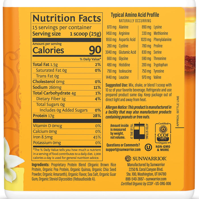 Sunwarrior Classic Plus Proteína Orgánica en Polvo, Vainilla, 375 g, 15 Porciones, Vegana, Sin OMG