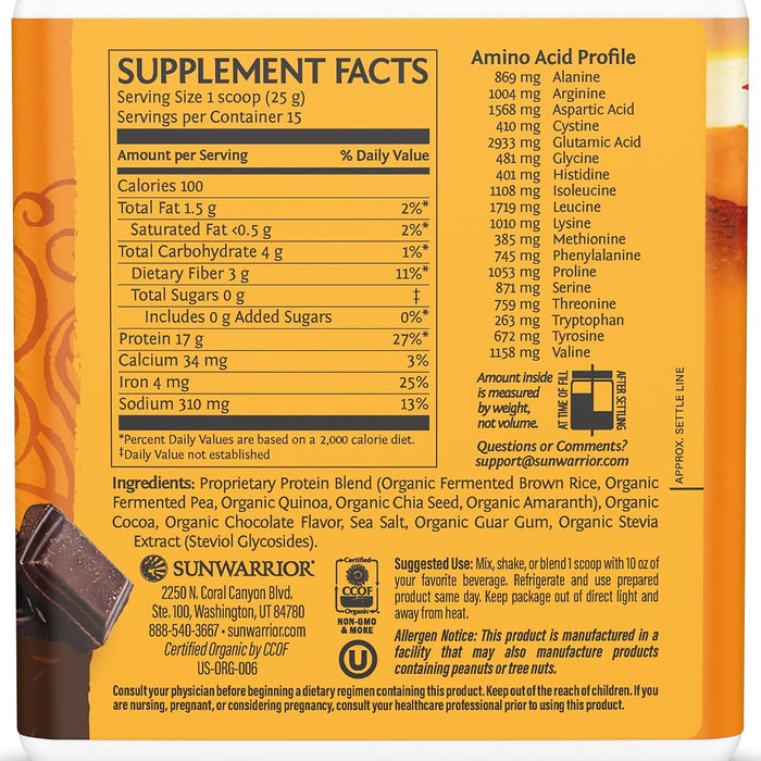 Sunwarrior Classic Plus Proteína Orgánica en Polvo, Chocolate, 750 g, Vegana, Sin OMG